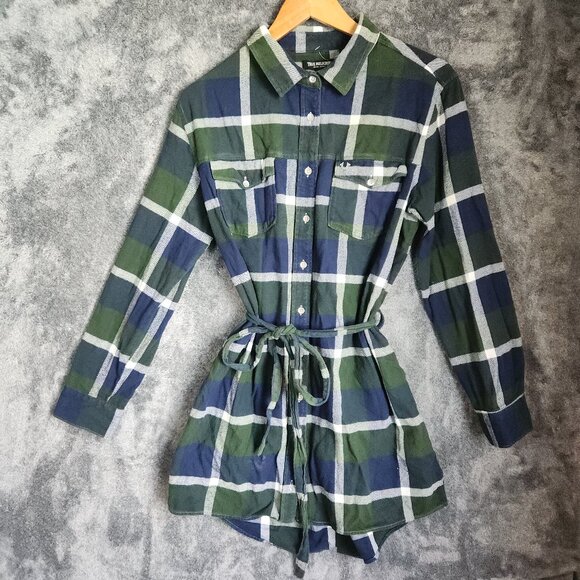True Religion Dresses & Skirts - True Religion Shirt Dress Womens Large Green Plaid Flannel Button Down Tie Front